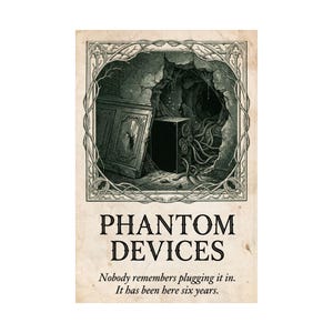 May include: A rectangular print featuring a black and white illustration of a mechanical device with tentacles inside a stone cave, framed by an ornate border. The text reads PHANTOM DEVICES, Nobody remembers plugging it in. It has been here six years.