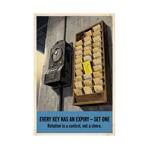 May include: A poster featuring a dark metal clock and a wooden rack filled with beige library-style cards, with one bright yellow card in the center. The text reads: EVERY KEY HAS AN EXPIRY – SET ONE. Rotation is a control, not a chore.