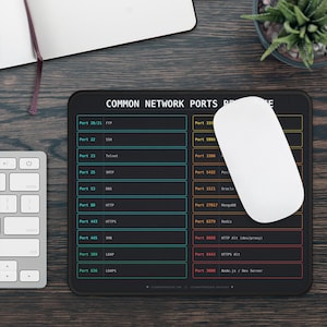 May include: A black rectangular mouse pad featuring a white header that reads COMMON NETWORK PORTS REFERENCE. The surface displays two columns of network port numbers and their corresponding protocols in teal, orange, and red outlined boxes.