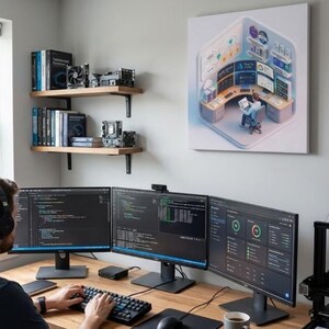 May include: A home office setup featuring three computer monitors displaying code and data. A person is using a keyboard and mouse. A painting of a control room hangs on the wall. Shelves hold books and computer components.