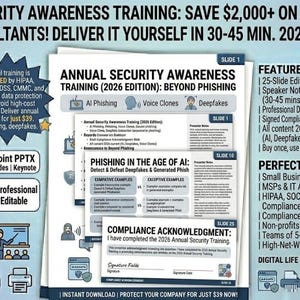 Puede incluir: Una presentación de capacitación sobre concienciación sobre seguridad digital titulada "Capacitación Anual de Concienciación sobre Seguridad (Edición 2026): Más allá del Phishing". Cubre temas como phishing de IA, clones de voz y deepfakes.