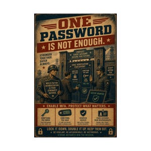 May include: A vintage-style poster with the text "ONE PASSWORD IS NOT ENOUGH." The image features illustrations of soldiers, a gate, and security checkpoints. The poster emphasizes multi-factor authentication for account security.