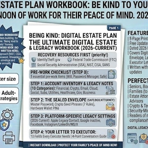 Könnte beinhalten: Ein digitales Nachlassplanungs-Arbeitsbuch mit dem Titel "Being Kind: Digital Estate Plan". Das Arbeitsbuch enthält Abschnitte zu Wiederherstellungsressourcen, Vorarbeits-Checklisten, Konteninventar, Nachlassnotizen und plattformspezifischen Nachlasseinstellungen.