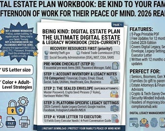 Digital Estate Plan Workbook | Online Accounts, Crypto, Social Media (Printable PDF)