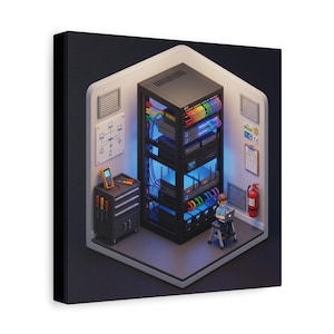 May include: A digital illustration of a server room with a server rack, a toolbox, and a person working on a laptop. The server rack is filled with colorful cables and equipment. A fire extinguisher is on the right.