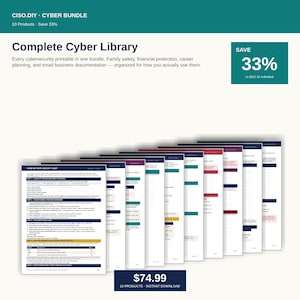 May include: A bundle of cybersecurity printables titled "Complete Cyber Library." The image shows a stack of documents with various colors and designs. The bundle includes 10 products and saves 33%. The price is $74.99.