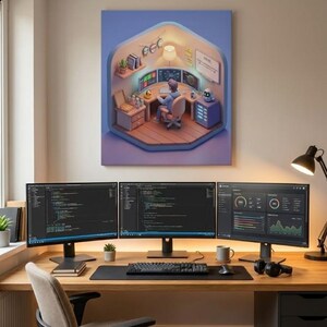 May include: A desk with three computer monitors showing code and data. A keyboard, mouse, and headphones are on the desk. A framed artwork shows a 3D illustration of a person working at a desk with multiple screens.