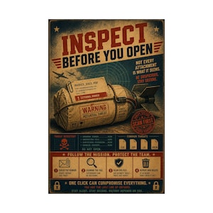 Puede incluir: Cartel de estilo vintage con el texto "Inspect Before You Open". La imagen presenta una bomba con un paquete etiquetado como "Warning Potential Threat". Incluye instrucciones sobre cómo manejar archivos sospechosos.