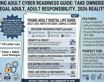 Guía de ciberseguridad para jóvenes adultos / Bloqueo de crédito, estafas en el campus, huella digital (PDF)