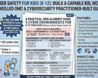 Lista de verificación de ciberseguridad y privacidad para preadolescentes de 8 a 12 años / Guía para padres / Seguridad digital (PDF imprimible) / Tiempo de pantalla y juegos en redes sociales