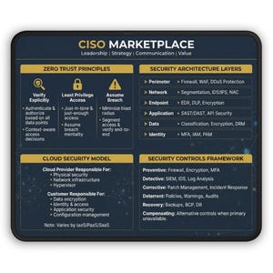 May include: A black and navy blue graphic with the text "CISO MARKETPLACE" and security-related information. The graphic includes sections on Zero Trust Principles, Security Architecture Layers, Cloud Security Model, and Security Controls Framework.