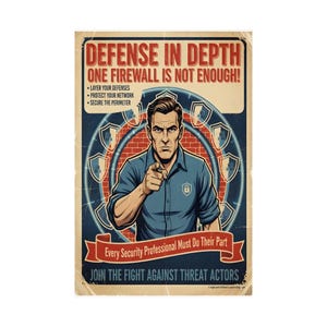 May include: A vintage-style poster featuring a person pointing forward with the text DEFENSE IN DEPTH ONE FIREWALL IS NOT ENOUGH! LAYER YOUR DEFENSES PROTECT YOUR NETWORK SECURE THE PERIMETER Every Security Professional Must Do Their Part JOIN THE FIGHT AGAINST THREAT ACTORS.