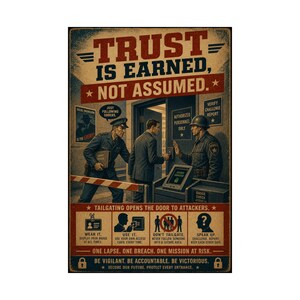 Può includere: Poster in stile vintage con la scritta "TRUST IS EARNED, NOT ASSUMED." L'immagine raffigura un posto di controllo di sicurezza con guardie e l'avvertimento "TAILGATING OPENS THE DOOR TO ATTACKERS." Il poster ha un aspetto invecchiato con toni marroni e rossi.
