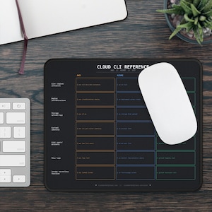 May include: A rectangular black mouse pad featuring a white Cloud CLI Reference chart for AWS, Azure, and GCP. The grid layout displays various command-line interface instructions in orange, blue, and teal text against a dark background.