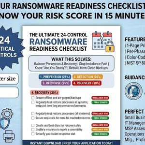 May include: A promotional graphic with the text "GET YOUR RANSOMWARE READINESS CHECKLIST NOW!" and "KNOW YOUR RISK SCORE IN 15 MINUTES." The checklist includes 24 critical controls, features, and guidance alignment with CISA and NIST.