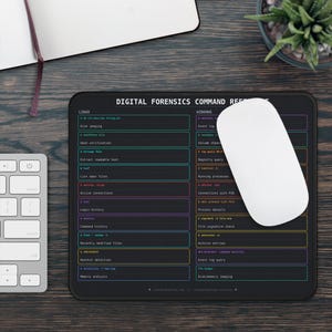 May include: A black rectangular mouse pad featuring a digital forensics command reference guide. The surface displays two columns of technical commands for Linux and Windows operating systems, color-coded with text in white, blue, yellow, and purple.