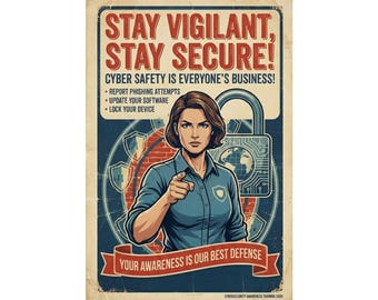 Plakat uświadamiający cyberbezpieczeństwo – sztuka propagandowa w stylu vintage, szkolenie IT
