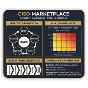 May include: A black and white CISO Marketplace graphic with text about strategy, governance, risk, and compliance. It includes sections on NIST CSF 2.0 Framework, Risk Quantification, Incident Response, and Compliance & Frameworks.
