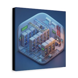 May include: A canvas print featuring a 3D illustration of a server room. The image shows rows of server racks, a technician, and the text "ALL SYSTEMS OPERATIONAL". The color palette includes blues, whites, and greens.