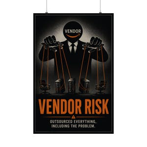 Może przedstawiać: Plakat z mroczną, stylizowaną ilustracją. Ubrana postać z głową z logo dostawcy kontroluje serwery i krzesła jak marionetki. Napisy "VENDOR RISK" i "OUTSOURCED EVERYTHING, INCLUDING THE PROBLEM" są w kolorze pomarańczowym.