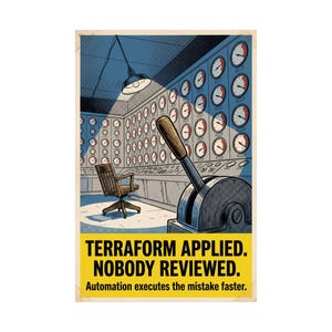 May include: A poster featuring a control room with a wooden chair, a large lever, and walls covered in gauges. The text reads: TERRAFORM APPLIED. NOBODY REVIEWED. Automation executes the mistake faster. The color palette includes blue, yellow, and brown tones.