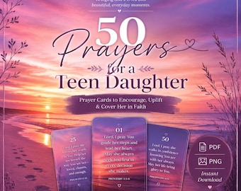 50 tarjetas de oración con versículos bíblicos para hijas adolescentes / Oraciones inspiradoras llenas de fe (PDF PNG)