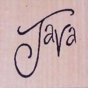 May include: A handwritten cursive script of the word "Java" in black ink on a light brown wooden surface.