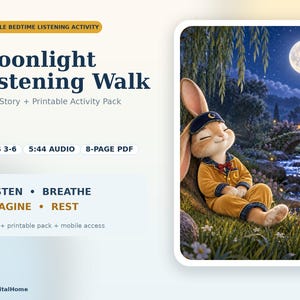 Może przedstawiać: Produkt cyfrowy zatytułowany Moonlight Listening Walk zawierający opowiadanie audio i pakiet aktywności do druku. Grafika przedstawia królika w żółtej piżamie i masce do spania odpoczywającego pod drzewem przy pełni księżyca i strumieniu.