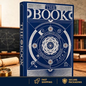 May include: A hardbound book with a deep blue cover featuring silver geometric line art, circular diagrams, and the text THE BOOK THE ULTIMATE GUIDE TO REBUILDING CIVILIZATION. The spine also displays the text THE BOOK in silver lettering.