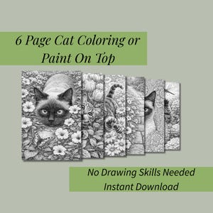 Katze botanische Färbung Geburtstagsgeschenk Set von 6 Sofortiger Download für Anfänger Acrylmaler Set mit Farbführern und Wand Kunst Wohnkultur