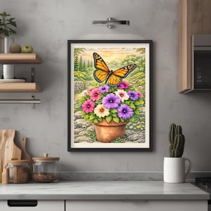 Arte mural de mariposas y petunias primaverales en maceta, descarga digital para decoración infantil, retrato tamaño carta, personalizado a mano alzada disponible.