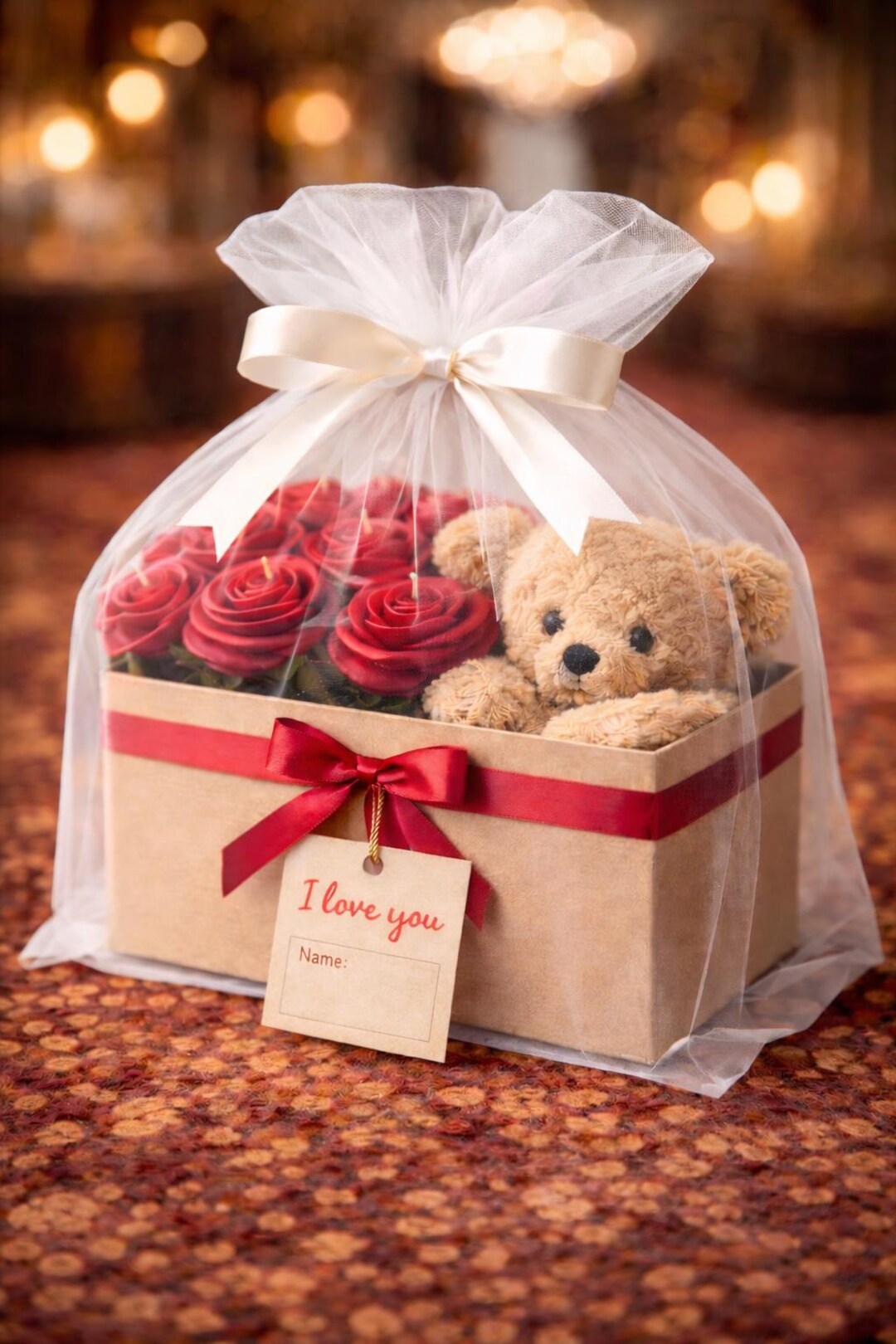 Rose Candle Gift Box With Teddy Bear | Personalized Message - Etsy