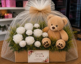 Confezione regalo con orsacchiotto e candele alla rosa / Regalo di lusso per la festa del papà