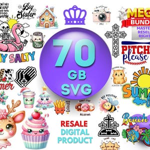 May include: A vibrant assortment of digital graphics, featuring a flamingo, a skeleton, a gingerbread house, a crown, a camera, a cross, a cat, a bee, a deer, a cupcake, and text that says "70 GB SVG", "Stay Salty", "Summer Fun", and "Resale Digital Product".