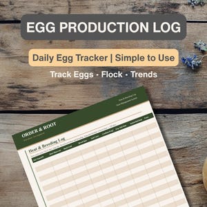 Puede incluir: Un registro de producción de huevos con el texto "EGG PRODUCTION LOG" en la parte superior. Debajo, el texto dice "Daily Egg Tracker | Simple to Use" y "Track Eggs • Flock • Trends". El registro se titula "Heat & Breeding Log" e incluye columnas para el seguimiento de datos.