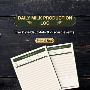 May include: A dark green sign with the text "DAILY MILK PRODUCTION LOG" and the words "Track yields, totals & discard events". Two open notebooks with lined pages are below the sign. The text "Print & Use" is also visible.