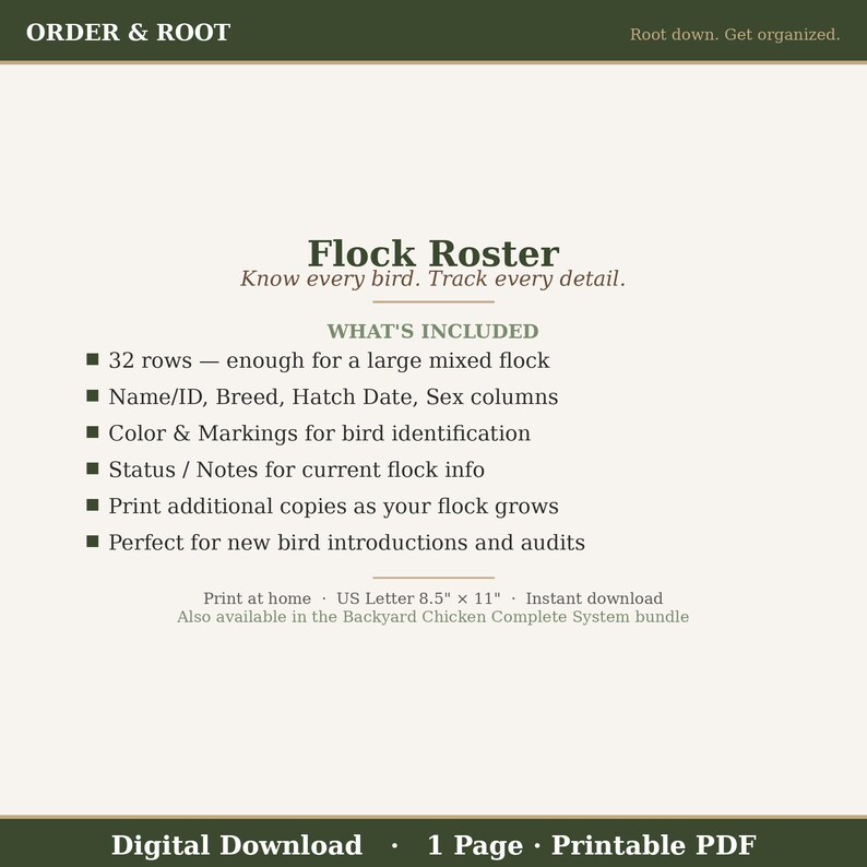 Printable Flock Roster | Backyard Chicken Record | Inventory Log | Bird ...