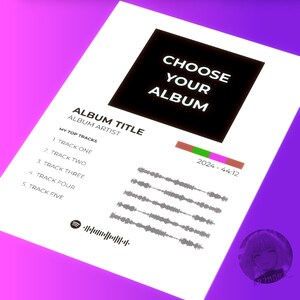 May include: A white album art poster with the text "CHOOSE YOUR DESIGN" and "ALBUM ART POSTER". The poster features a black square with "CHOOSE YOUR ALBUM" and a list of tracks with a Spotify logo.
