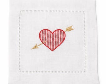 Juego de 4 servilletas de cóctel de San Valentín, servilletas de lino con corazón bordado y flecha, decoración de mesa de San Valentín de lujo, servilletas para cenas.