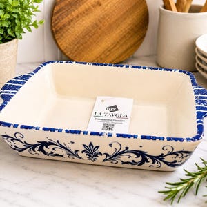 La Tavola Handpainted Ceramic Baking Dish | Blue White Mediterranean Casserole Made Italy