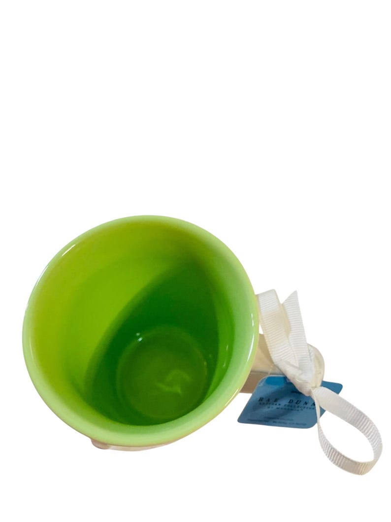 Pu&ograve; includere: Una tazza in ceramica con interno verde lime brillante ed esterno bianco. Un nastro bianco &egrave; legato attorno al manico e una piccola etichetta rettangolare blu con il testo Rae Dunn &egrave; attaccata al nastro vicino al manico della tazza.