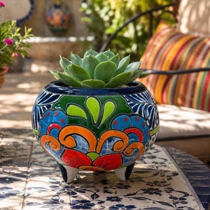 Talavera Pottery Planter Bowl Hand Painted Mexico | Colorful Ceramic Footed Bowl | Spanish Style Decor |