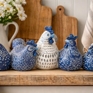 Blue White Hand Painted Wooden Chicken Figurines | Farmhouse Kitchen Decor | Rustic Country Shelf Statues
