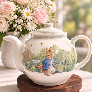 May include: A white ceramic teapot with a lid, decorated with a Peter Rabbit design. The teapot has a curved spout and handle, and sits on a small, round, wooden stand. A bouquet of pink roses and white daisies is in the background.