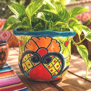 May include: A ceramic planter with a scalloped rim and a vibrant hand-painted design featuring orange, red, yellow, and dark blue floral and geometric patterns. A green pothos plant with variegated leaves grows from the pot, which has a glossy finish.