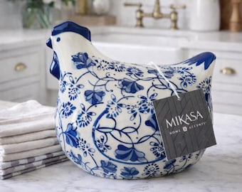 Mikasa Blue and  White Floral Ceramic Hen | Chinoiserie Farmhouse Kitchen Decor NEW