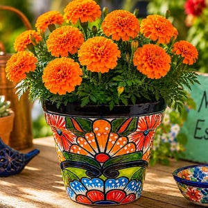 Puede incluir: Una vibrante planta de caléndulas naranjas en una maceta de cerámica decorativa pintada a mano. La maceta presenta un borde negro y diseños florales coloridos en naranja, verde y azul. Un pájaro de cerámica azul y un cuenco pequeño también son visibles.