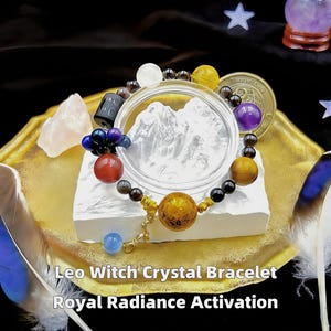 Leo Zodiac Crystal Bracelet, 15mm Lacquer Bead, Amethyst Tiger Eye Bracelet, Astrology Gift for Her,Witchy Bracelet,Lunar Charged
