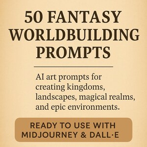 May include: A tan graphic with the text "50 FANTASY WORLDBUILDING PROMPTS" in dark brown. Below, it reads "AI art prompts for creating kingdoms, landscapes, magical realms, and epic environments." The bottom reads "READY TO USE WITH MIDJOURNEY & DALL-E."
