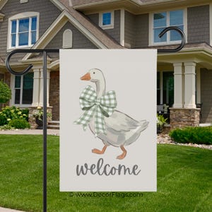 Watercolor Goose with Green Gingham Bow Garden Flag | Welcome Banner